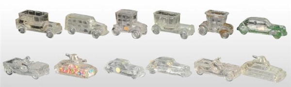 LOT OF 17: GLASS AUTOMOBILE CANDY CONTAINERS.     