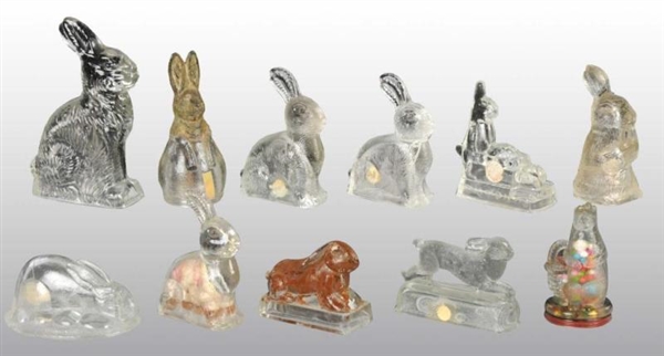 LOT OF 11: GLASS RABBIT CANDY CONTAINERS.         