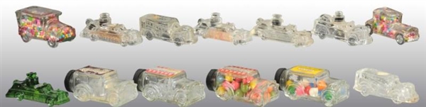 LOT OF 13: GLASS AUTOMOBILE CANDY CONTAINERS.     
