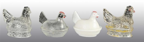 LOT OF 4: GLASS HEN ON NEST CANDY CONTAINERS.     