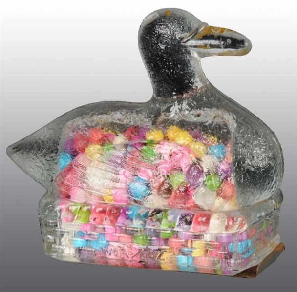 GLASS SITTING DUCK CANDY CONTAINER.               