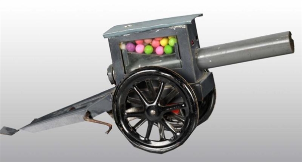 TIN & GLASS CANNON CANDY CONTAINER.               