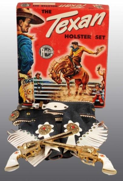 GOLD FINISHED TEXAN TOY GUN HOLSTER SET BY HALCO. 