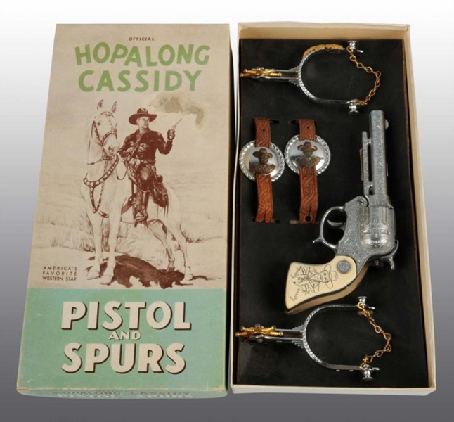 HOPALONG CASSIDY TOY CAP GUN & SPUR SET.          