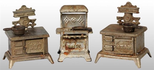 LOT OF 3: CAST IRON TOY CHILDS STOVES.           