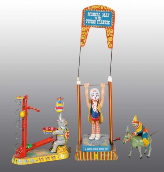 LOT OF 3: TIN CIRCUS RELATED TOYS.                