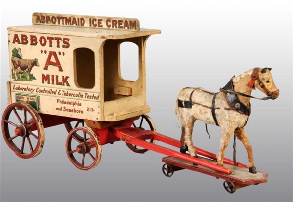 WOODEN ABBOTTS DAIRY MILK CART TOY WITH HORSE.   