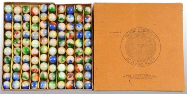 ORIGINAL BOX OF AKRO AGATE TRI-COLORED MARBLES.   