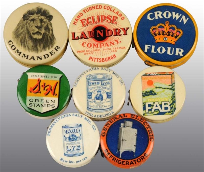 LOT OF 8: CELLULOID ADVERTISING TAPE MEASURES.    