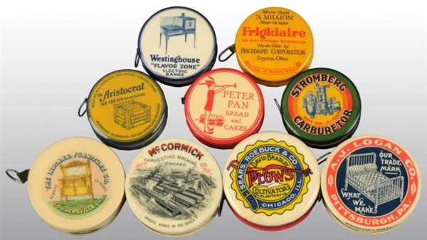 LOT OF 9: CELLULOID ADVERTISING TAPE MEASURES.    
