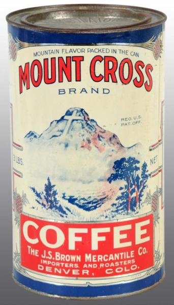 3-POUND MOUNT CROSS COFFEE COUNTER TIN.           