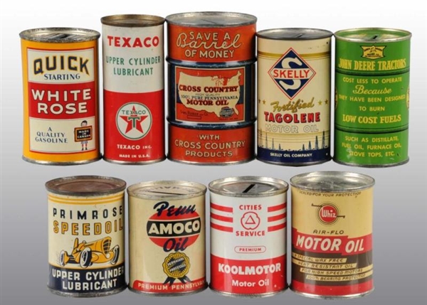 LOT OF 9: SMALL OIL-RELATED PRODUCT TINS.         