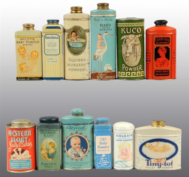 LOT OF 12: BABY-RELATED TALC TINS.                