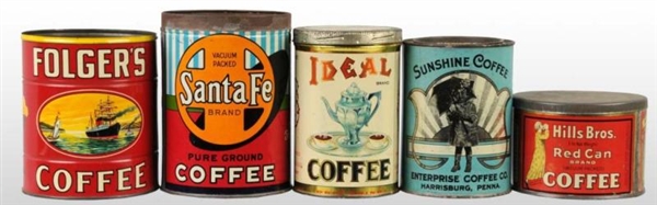 LOT OF 5: ASSORTED SIZED COFFEE TINS.             