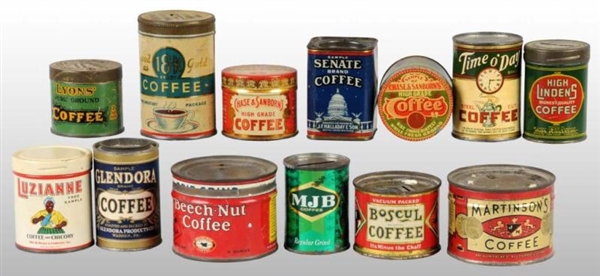 LOT OF 13: ASSORTED SMALL COFFEE TINS.            