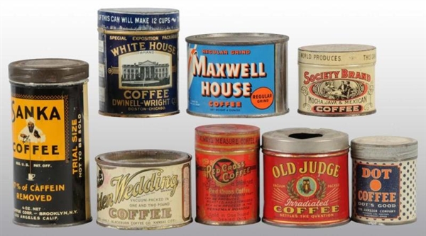 LOT OF 8: ASSORTED SMALL COFFEE TINS.             
