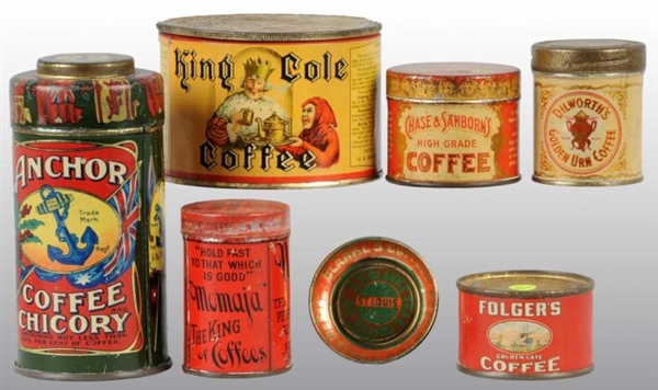 LOT OF 7: ASSORTED SMALL COFFEE TINS.             