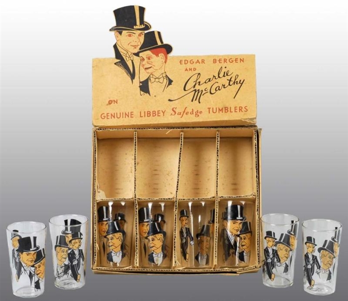 BOXED SET OF 8 CHARLIE MCCARTHY DRINKING GLASSES. 