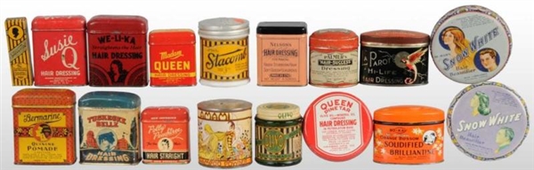 LOT OF 17: HAIR-RELATED PRODUCT TINS.             