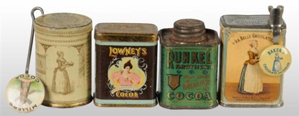 LOT OF 6: SMALL COCOA TINS & CELLULOID BUTTONS.   