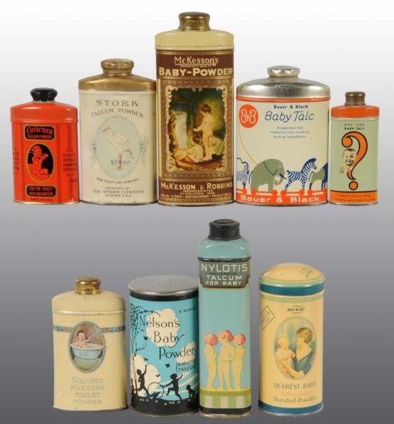 LOT OF 9: BABY-RELATED TALC TINS.                 