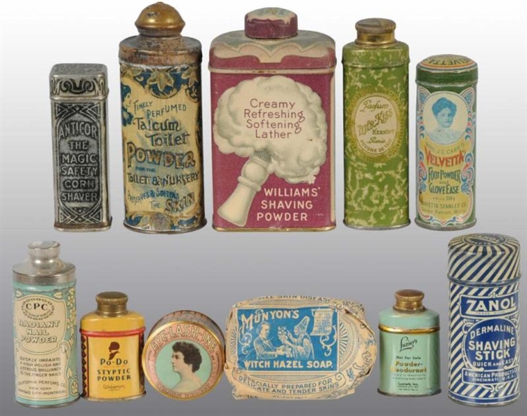 LOT OF 11: HYGIENE-RELATED PRODUCT TINS.          