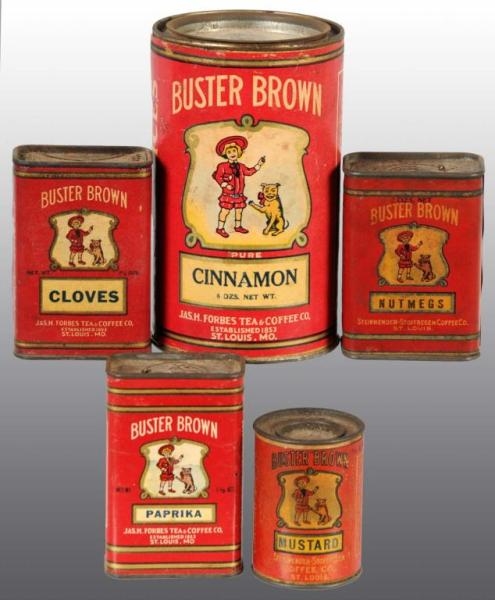 LOT OF 5: BUSTER BROWN SPICE TINS.                