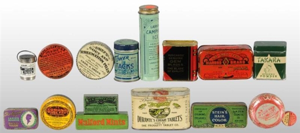 LOT OF 16: SMALL ADVERTISING TINS.                