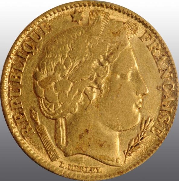 1851 FRENCH FRANC GOLD PIECE.                     
