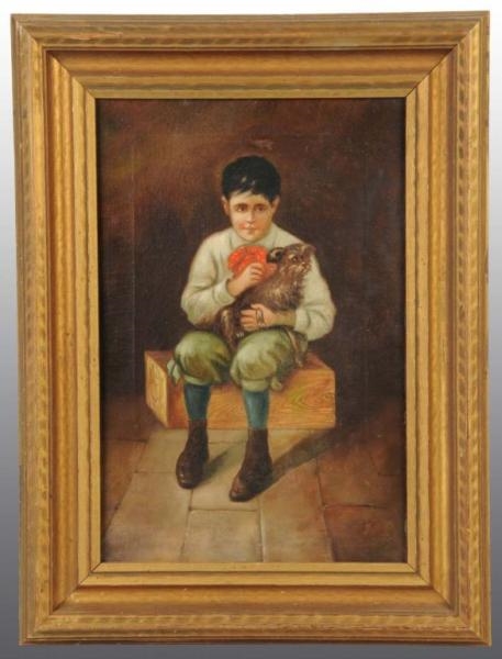 LOT OF 2: OIL ON CANVAS BOY WITH DOG PAINTINGS.   