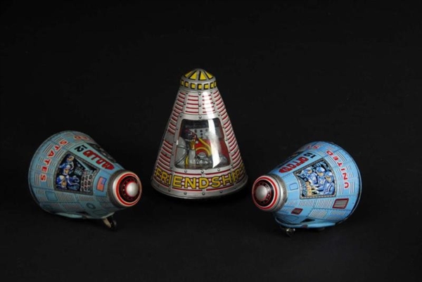 LOT OF 3: TIN SPACE CAPSULE FRICTION TOYS.        