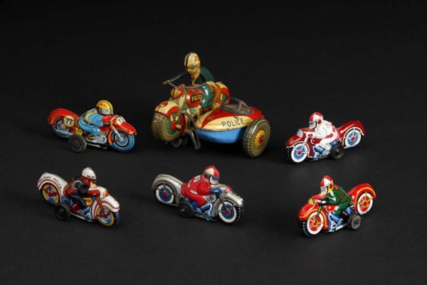 LOT OF 6: TIN MOTORCYCLE FRICTION & WIND-UP TOYS. 