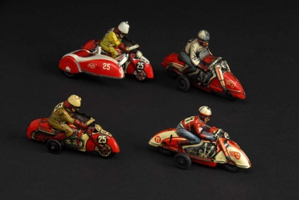 LOT OF 4: TIN MOTORCYCLE FRICTION & WIND-UP TOYS. 