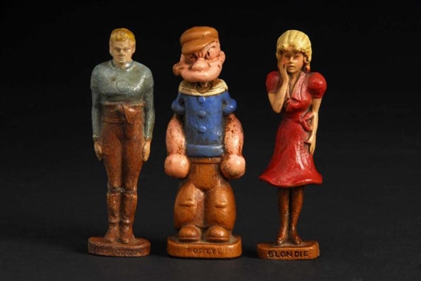 LOT OF 3: WOODEN SYROCCO CHARACTER FIGURES.       