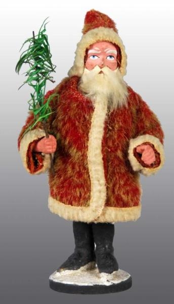 RED MOHAIR COAT SANTA CANDY CONTAINER.            