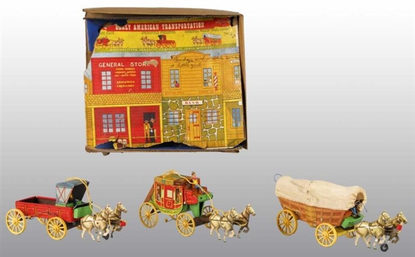LOT OF 3: AMERICAN TOYS HORSE-DRAWN WAGON TOYS.   