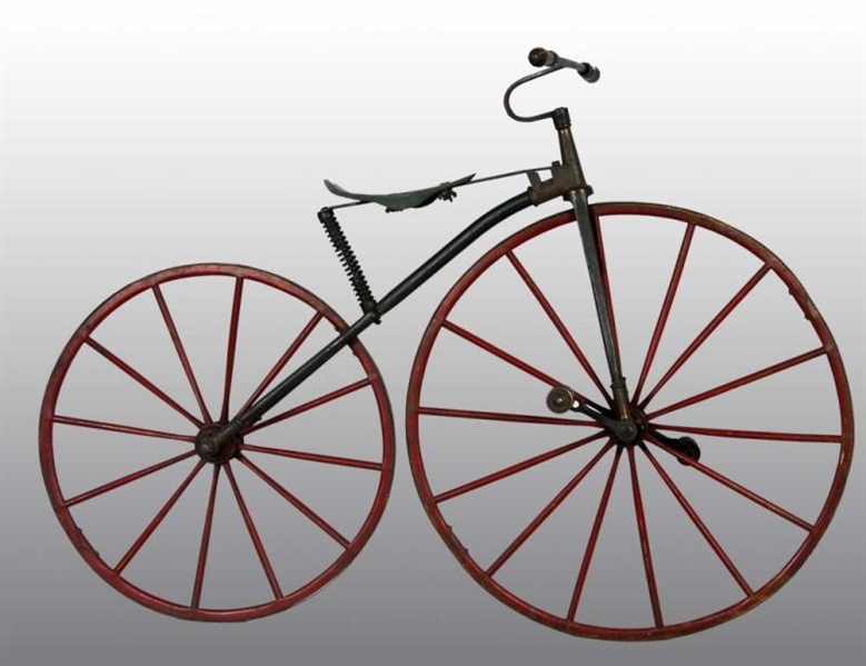 LARGE METAL BICYCLE WITH WOODEN WHEELS.           