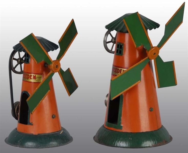 LOT OF 2: TIN HAND-PAINTED WEEDEN WINDMILL TOYS.  