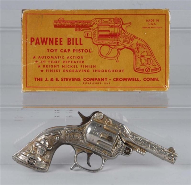 CAST IRON STEVENS PAWNEE BILL CAP GUN.            
