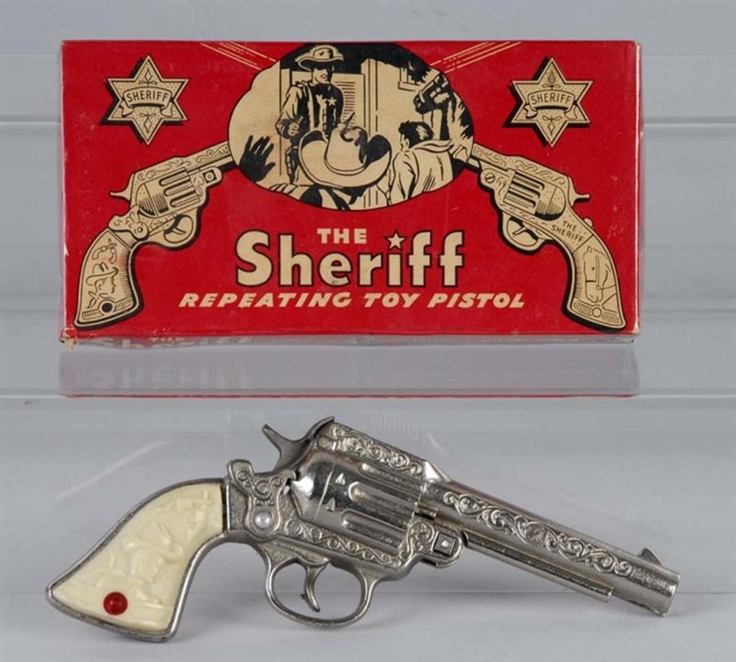 CAST IRON STEVENS SHERIFF CAP GUN.                