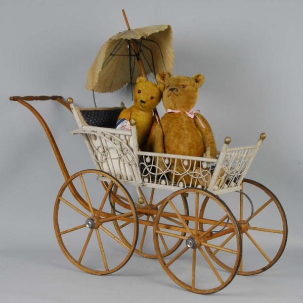 LOT OF 2: MOHAIR TEDDY BEARS AND DOLL CARRIAGE.   