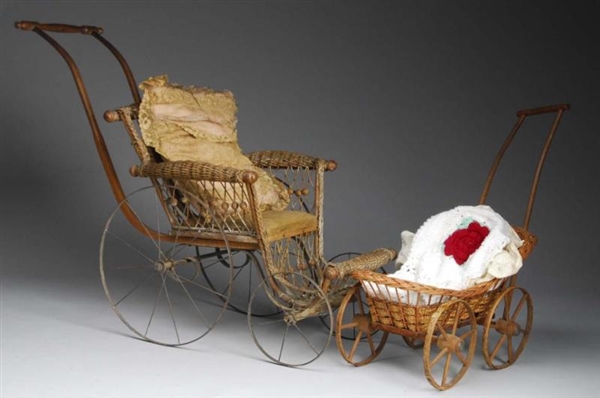LOT OF 2: WICKER BABY DOLL CARRIAGES.             