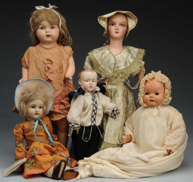 LOT OF 5: COMPOSITION DOLLS.                      