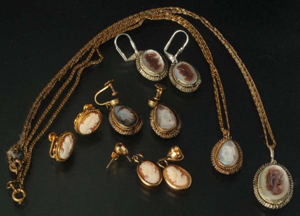 LOT OF ANTIQUE CAMEO EARRING PAIRS & NECKLACES.   