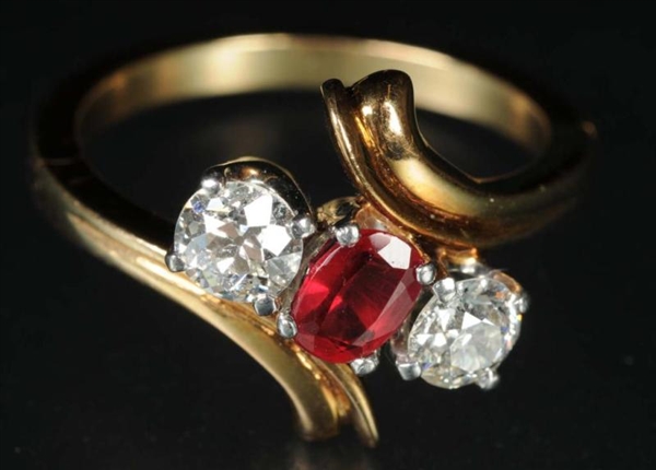 ANTIQUE JEWELRY 14K Y.GOLD DIAMOND & RUBY RING.   