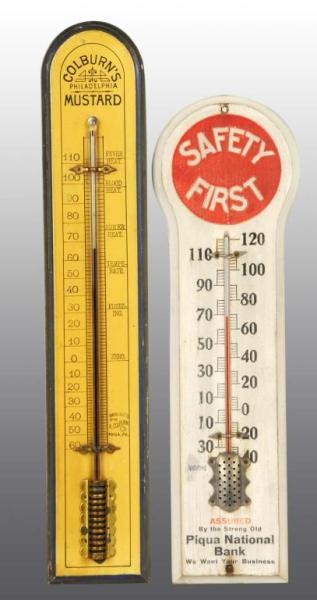 LOT OF 2: WOODEN ADVERTISING THERMOMETERS.        