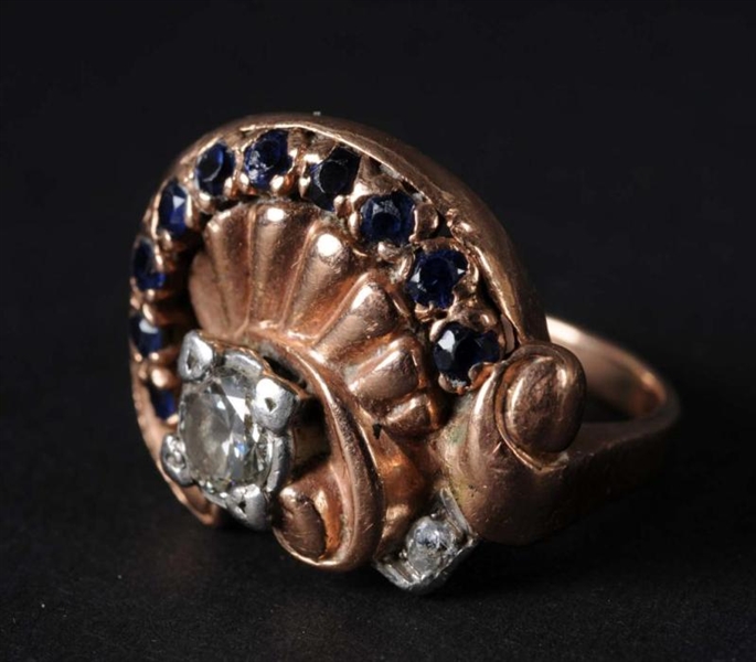 14K ROSE GOLD RING WITH DIAMOND & SAPPHIRES.      