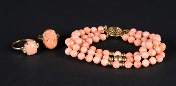 LOT OF 3: PINK CORAL JEWELRY PIECES.              