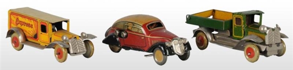 LOT OF 3: TIN PENNY-TOY-SIZED VEHICLE TOYS.       
