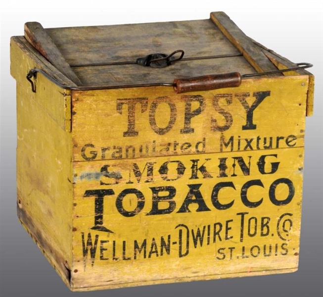 WOODEN TOPSY TOBACCO BOX WITH HANDLE.             